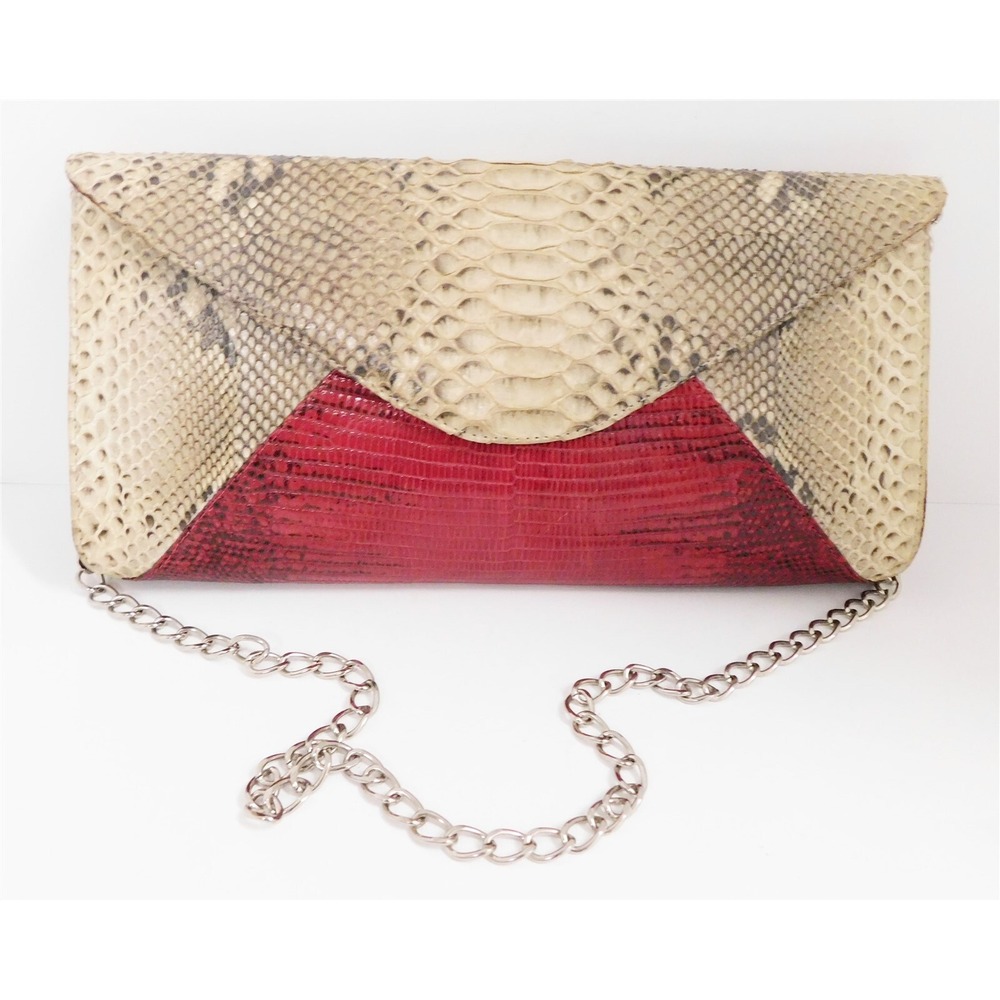 Eileen Kramer Genuine Python Red Lizard‎ Reptile Clutch Shoulder Bag